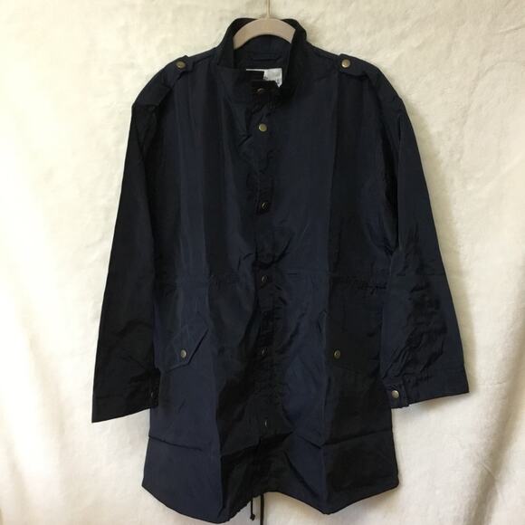 Shopeunoia Boutique Jackets & Blazers - Navy Glossy Drawstring Trim Button-Down Coach Jacket